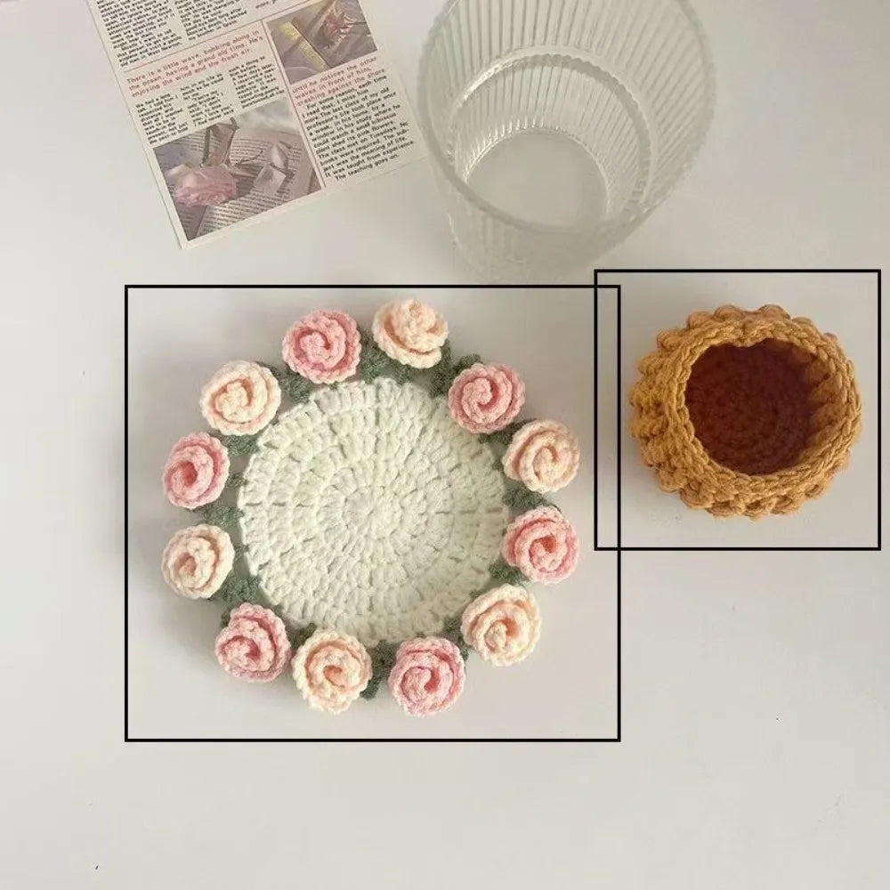 Mini Daisy Bouquet Crochet Drink Coaster with Basket for Coffee Tables and Floral Gifts