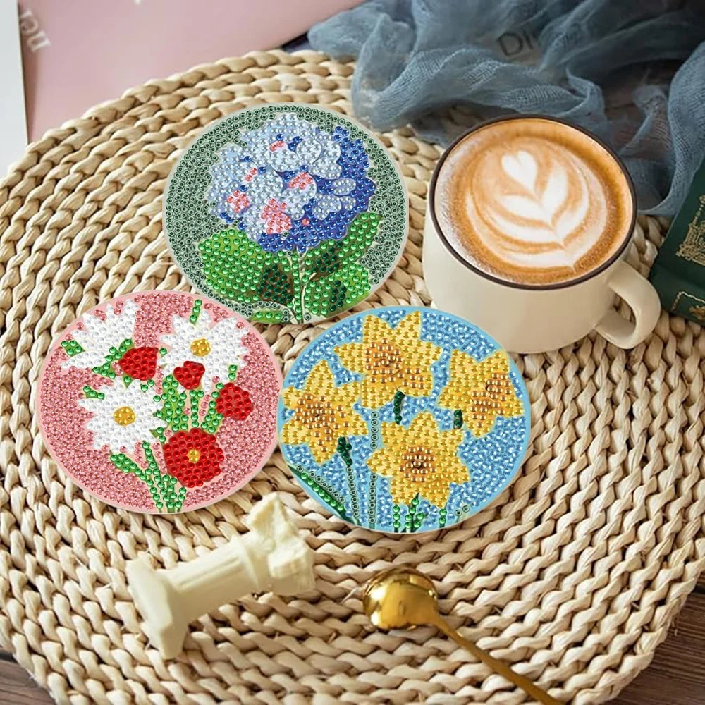 Floral DIY Diamond Painting Coaster Kit with Holder | Set of 8 Sparkling Mosaic Drink Coasters for Craft Lovers