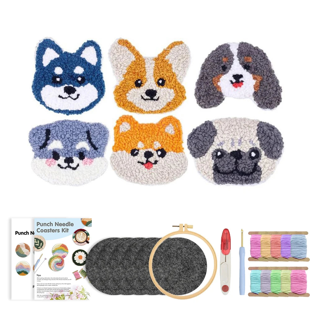 Cute Dog Punch Needle Coaster Craft Kit for Beginners Handmade Animal Mug Rugs and Gifts