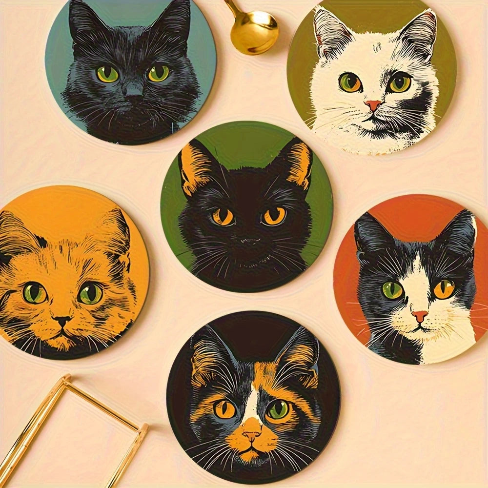 Cat Pattern Wooden Drink Coaster Set of 6, Round Printed Cup Mats for Coffee Tables, Desks and Cat-Lover Gifts