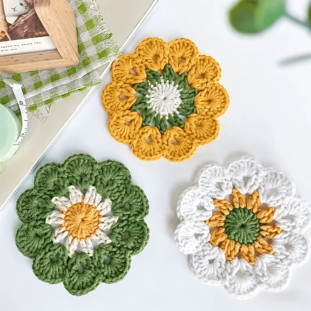 Boho Floral Crochet Style Coaster Set of 3 for Coffee Tables Kitchen Decor and Housewarming Gifts