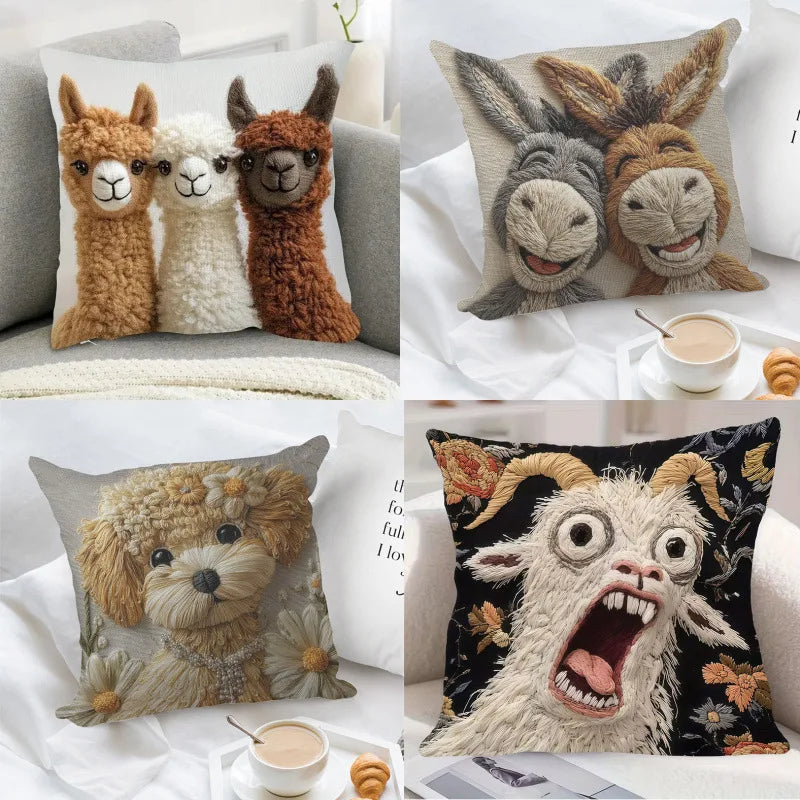 Storybook Animal Stitch-Effect Printed Pillow Cover