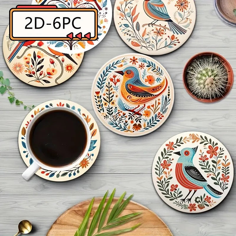 Bohemian Bird and Flower Wooden Drink Coaster Set for Coffee Tables and Colorful Home Decor