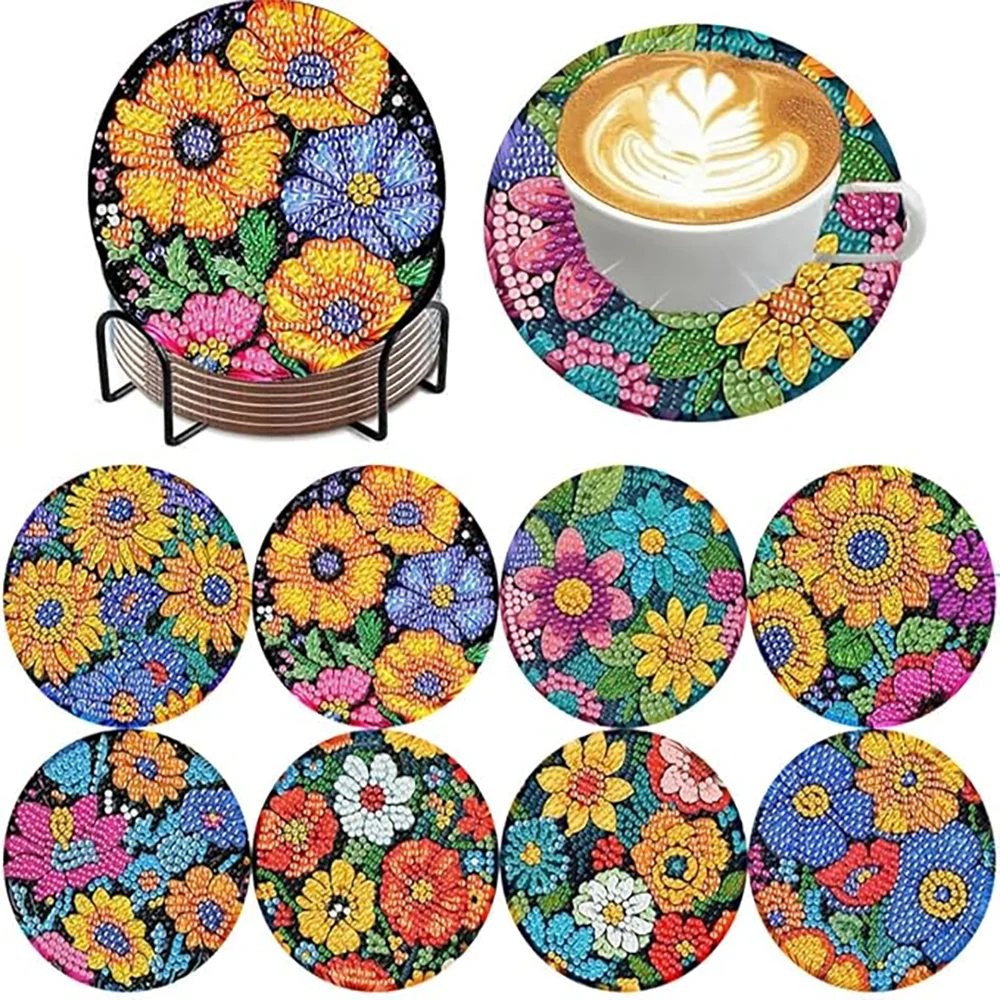 Floral Diamond Painting Coaster Set of 8 with Holder DIY Craft Kit for Creative Table Decor and Gifts