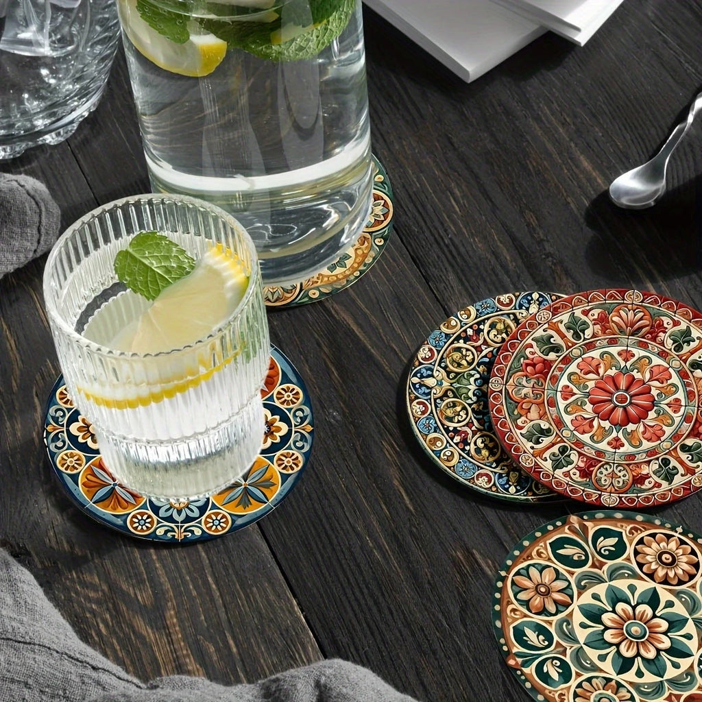 Moroccan Mandorla Wooden Coaster Set of 8, Botanical-Inspired Round Cup Mats for Coffee Tables and Everyday Dining