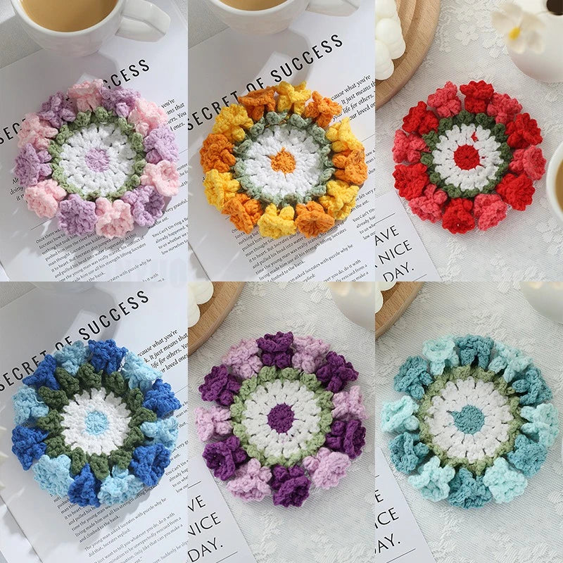 Crochet Rose Flower Drink Coasters for Coffee Tables Handmade Style Floral Kitchen Decor