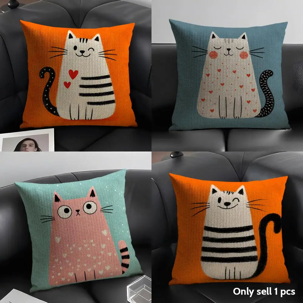Cartoon Cute Cat Cushion Cover Natural Linen Organic Fabric Double Sided Print Sofa Pillow Case Home Decor Gift