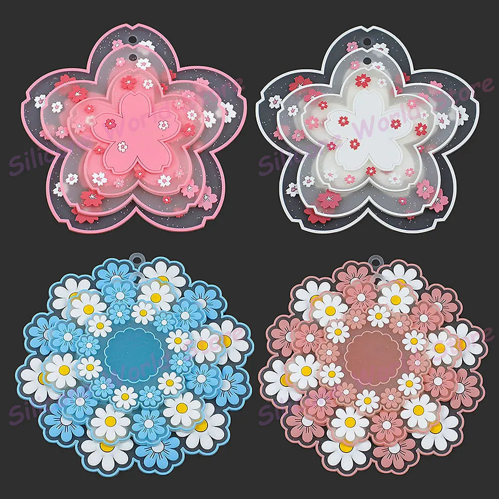 Sakura and Daisy Floral PVC Drink Coaster | Soft Flower Cup Mat in Pink White or Blue for Cheerful Tables