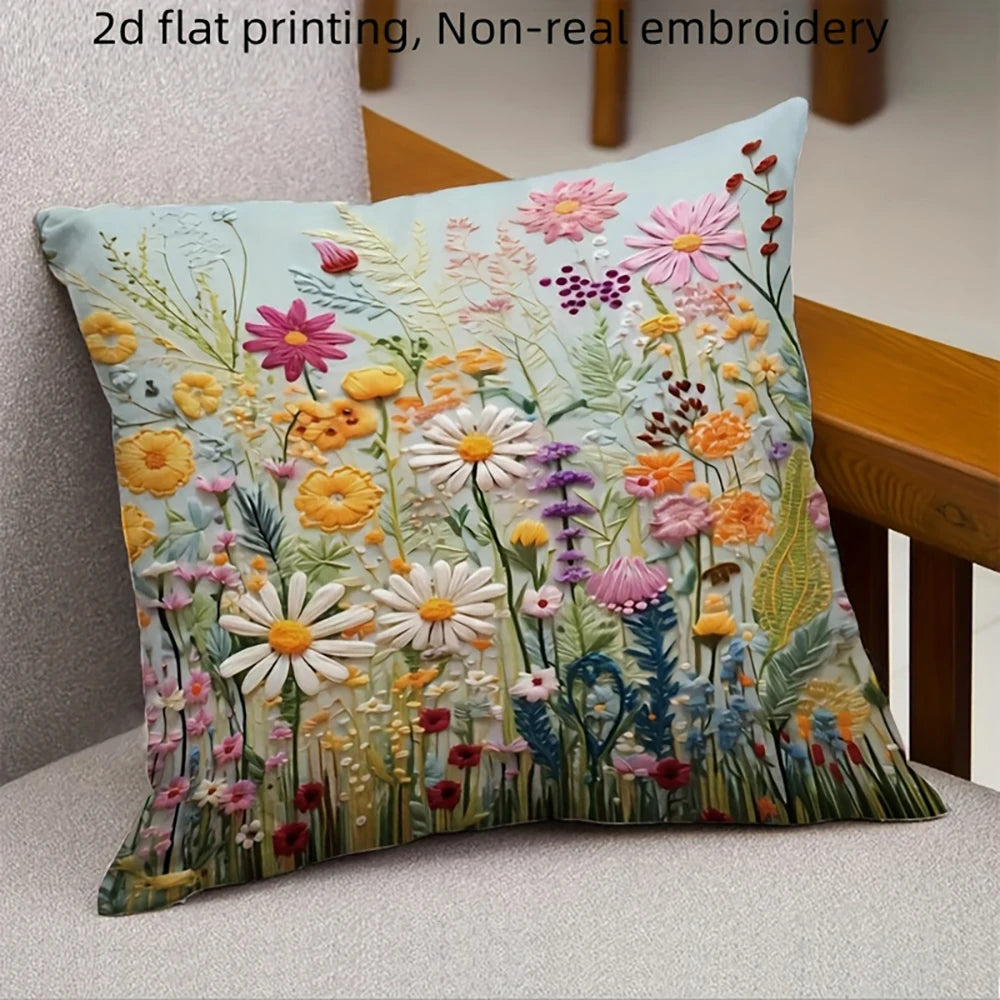 Botanical Stitch-Effect Printed Pillow Cover