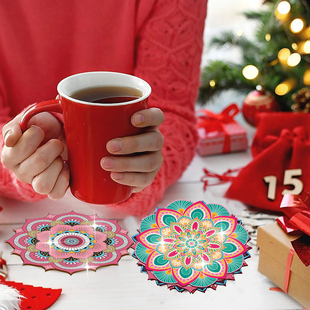 Colorful Mandala Wooden Drink Coaster Set for Coffee Tables Boho Kitchen and Holiday Gifts