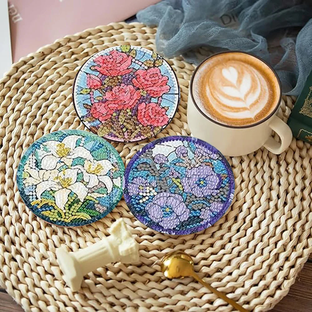 Floral Diamond Painting Coaster Set of 8 with Holder DIY Craft Kit for Table Decor and Gifts