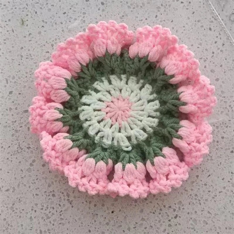 Crochet Rose Flower Drink Coasters for Coffee Tables Handmade Style Floral Kitchen Decor