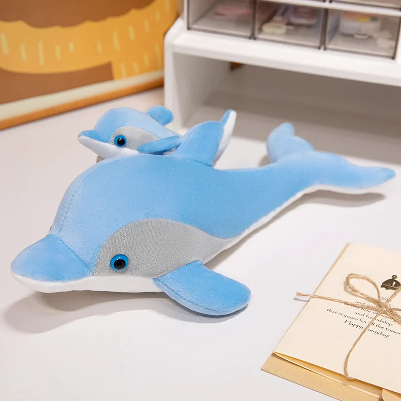 New Lovely Mother And Son Blue Dolphin Plush Toys Stuffed Soft Cute Animal Dolls Sofa Decor Baby Pillow Cushion for Kids Gifts