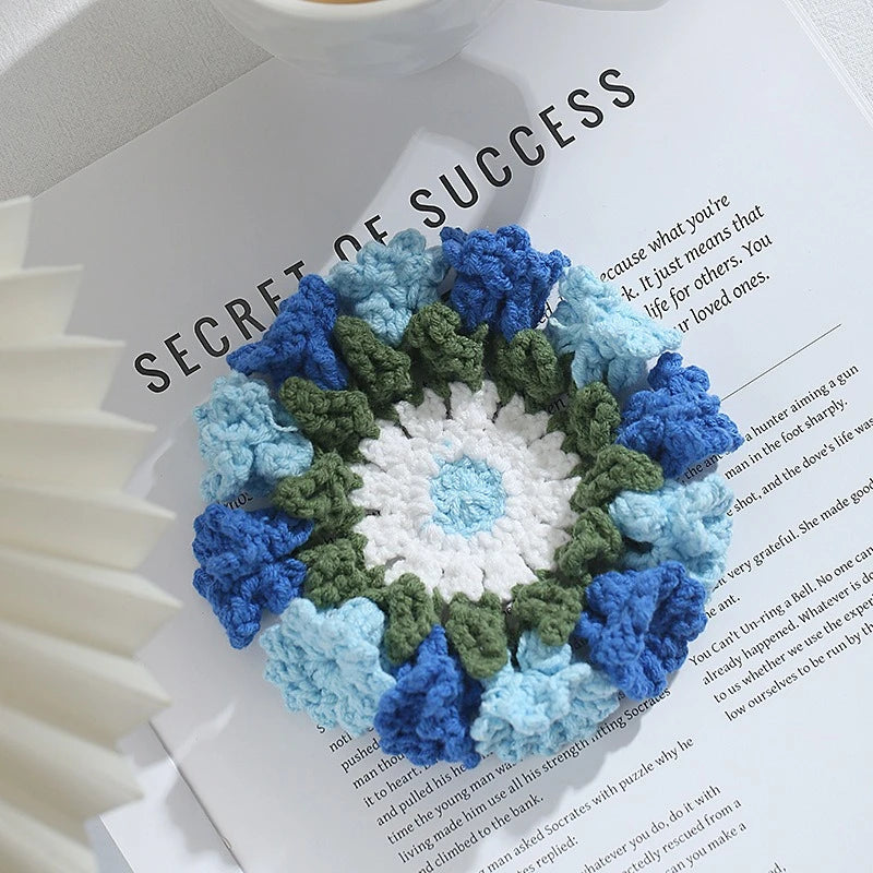 Crochet Rose Flower Drink Coasters for Coffee Tables Handmade Style Floral Kitchen Decor
