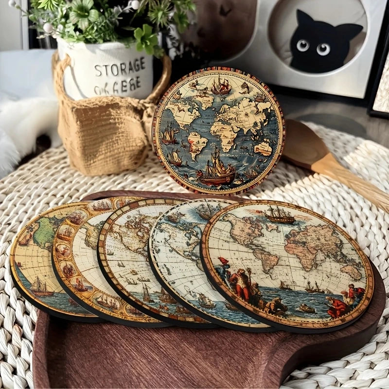 Retro World Map Wooden Coaster Set of 6, 10 cm Printed Round Drink Mats for Coffee Tables, Tea Cups and Travel Inspired Decor