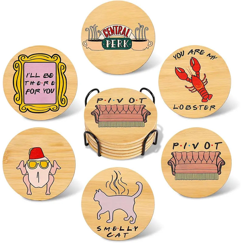 Playful Cat and Lobster Wooden Coaster Set of 6 with Holder, 4 Inch Cork Backed Drink Mats for Coffee Tables and Gift Giving
