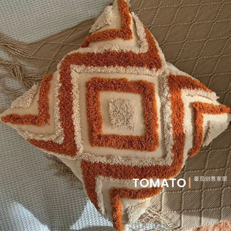 Woven Geometry Embroidered Pillow Cover – Boho Accent