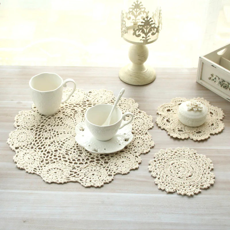 Hand Crocheted Cotton Lace Table Mat | Vintage Round Doily in Beige or White for Coffee Cups and Dining Decor