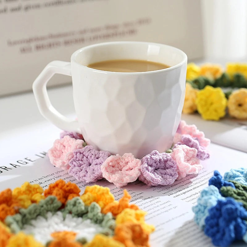 Crochet Rose Flower Drink Coasters for Coffee Tables Handmade Style Floral Kitchen Decor