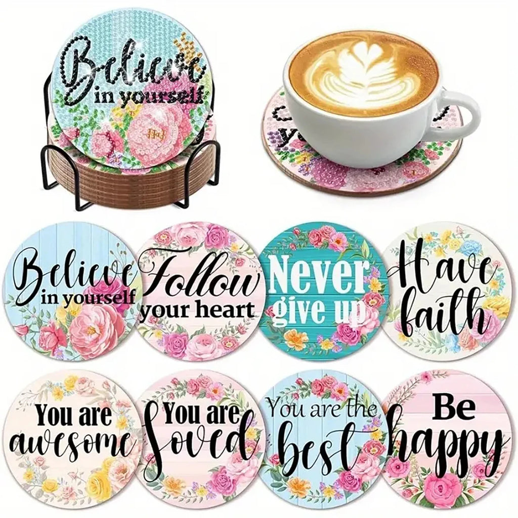Floral Diamond Painting Coaster Set of 8 with Holder DIY Craft Kit for Creative Table Decor and Gifts