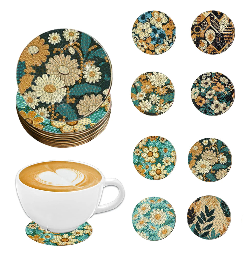 Floral DIY Diamond Painting Coaster Kit Set of 8 | Colorful Mosaic Drink Coasters for Creative Coffee Tables