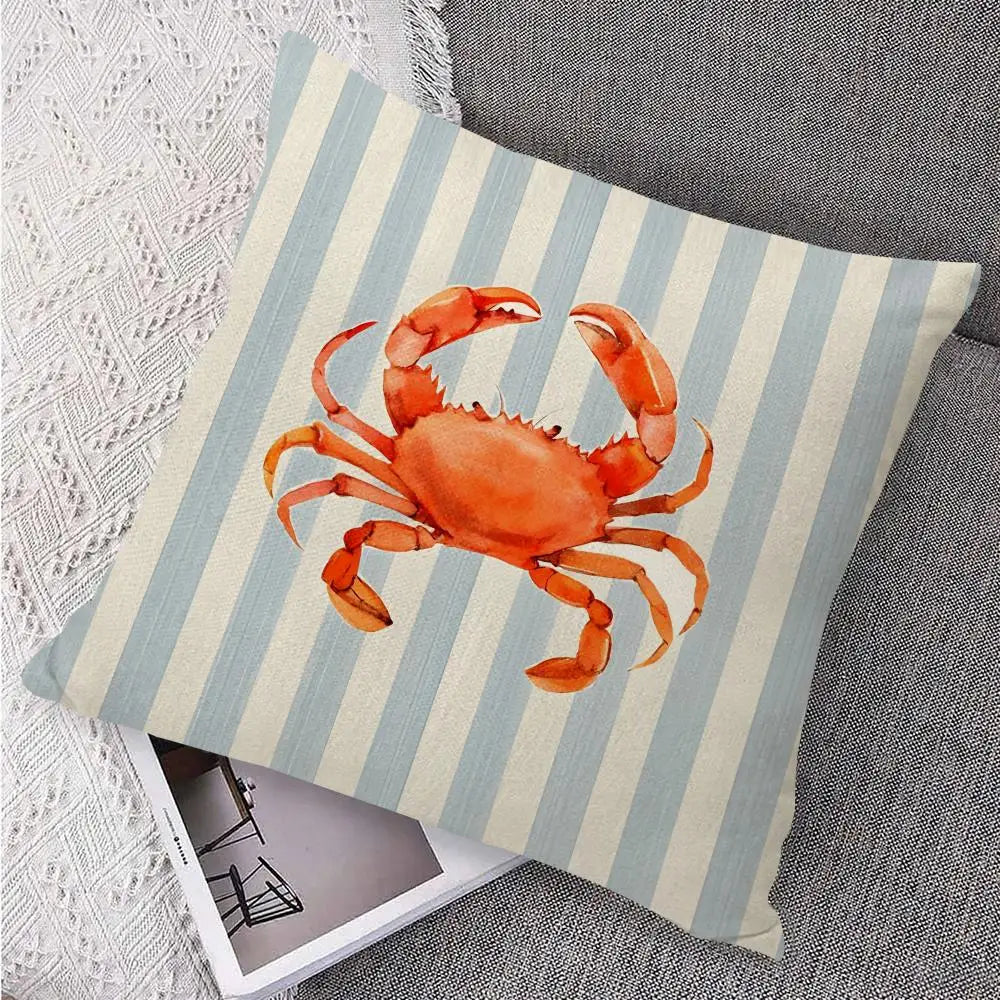 Ocean Life Theme Striped Cushion Cover Organic Linen Pillow Case Double-Sided Print Cushion Cover for Sofa Home Decor Gift