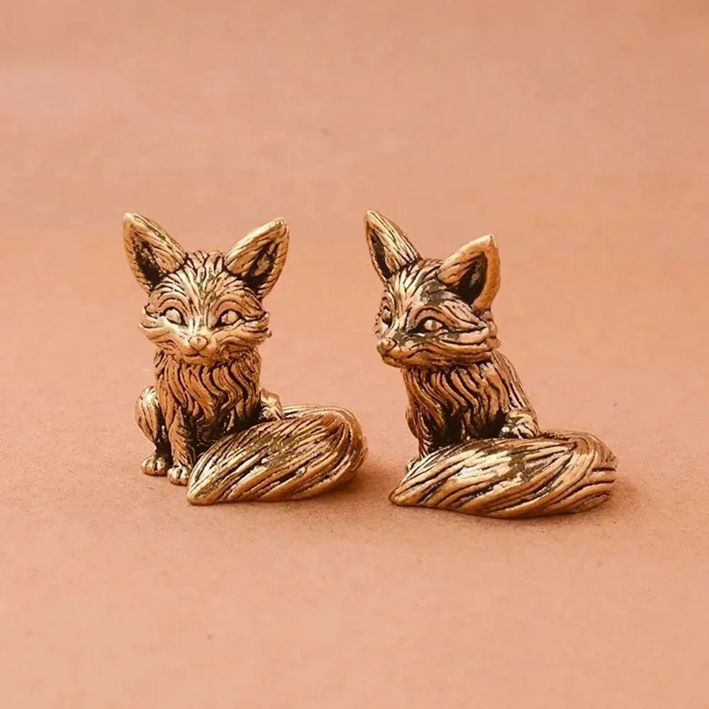 Mini Fox Desk Figurine, Brass-Tone Animal Sculpture in Sitting or Standing Style for Bookshelves, Office Desks and Thoughtful Gifts