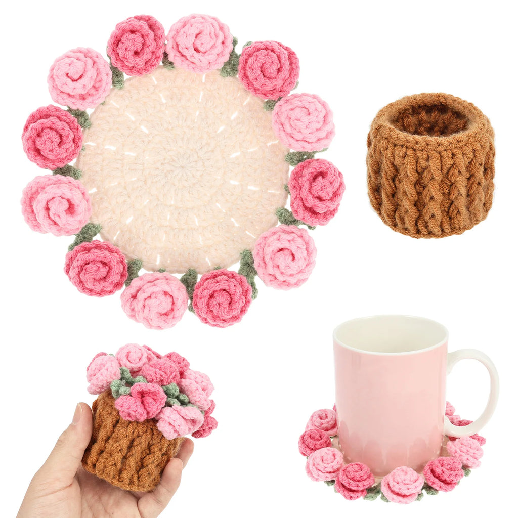 Crochet Rose Bouquet Drink Coasters for Coffee Tables Handmade Style Floral Home Decor