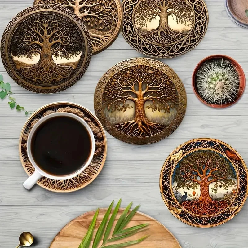 Tree Pattern Wooden Coaster Set of 8, 10 cm Nature Inspired Drink Mats for Coffee Tables, Tea Cups and Everyday Hosting