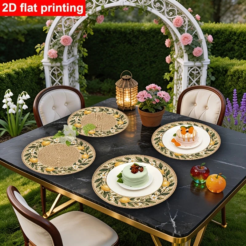 Lemon Blossom Round Table Mat Set of 4, 38 cm Printed Polyester Placemats with Faux Rattan Look for Dining Tables