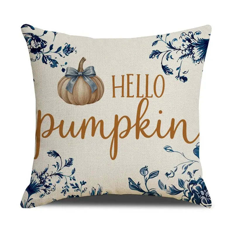 Blue Harvest Pumpkin & Bow Pillow Cover