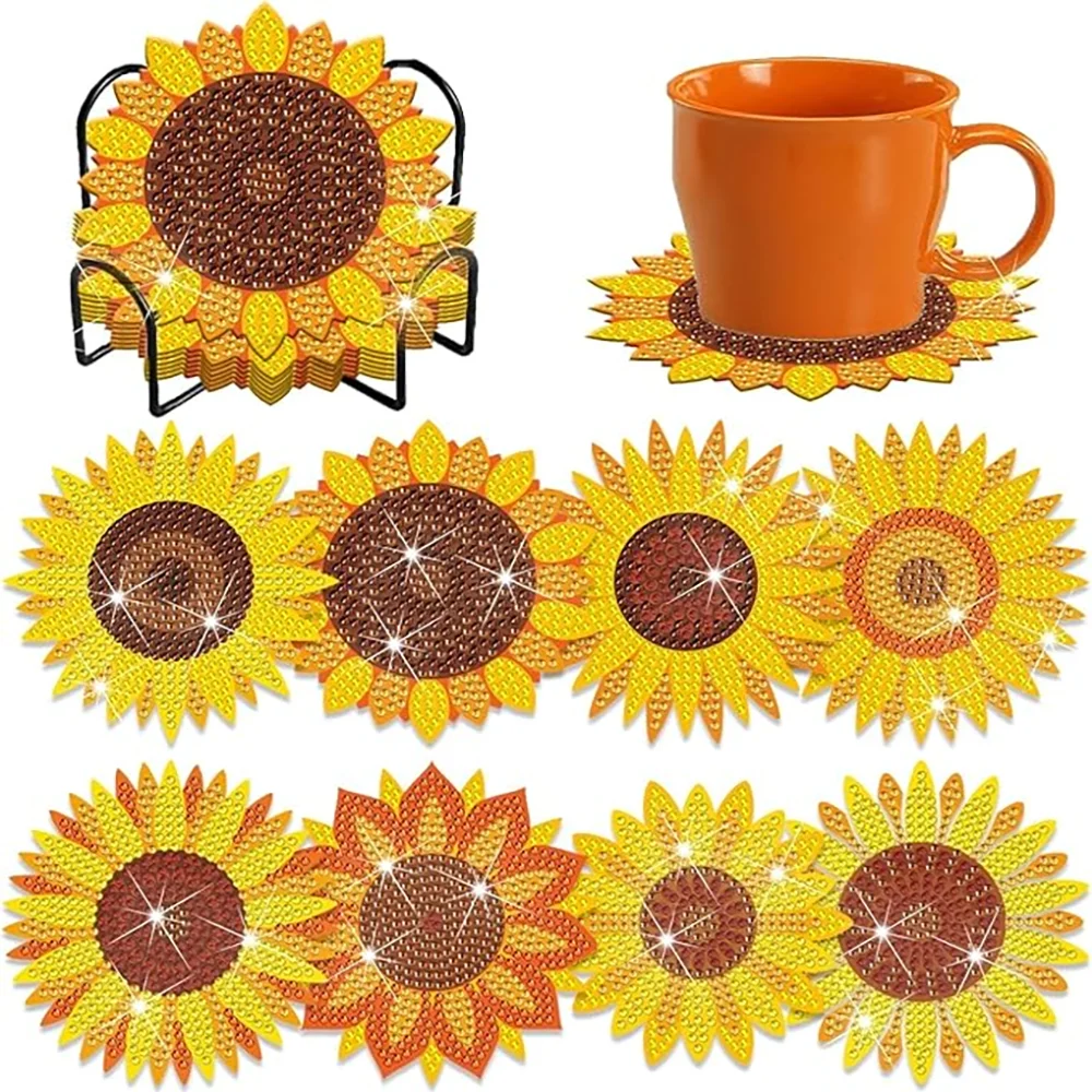 Floral Diamond Painting Coaster Set of 8 with Holder DIY Craft Kit for Creative Table Decor and Gifts