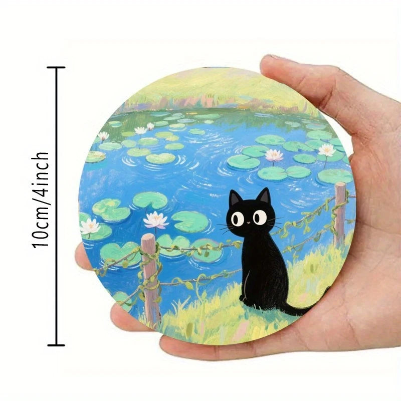 Black Cat and Lotus Wooden Drink Coaster Set for Coffee Tables Kitchen Decor and Cat Lover Gifts