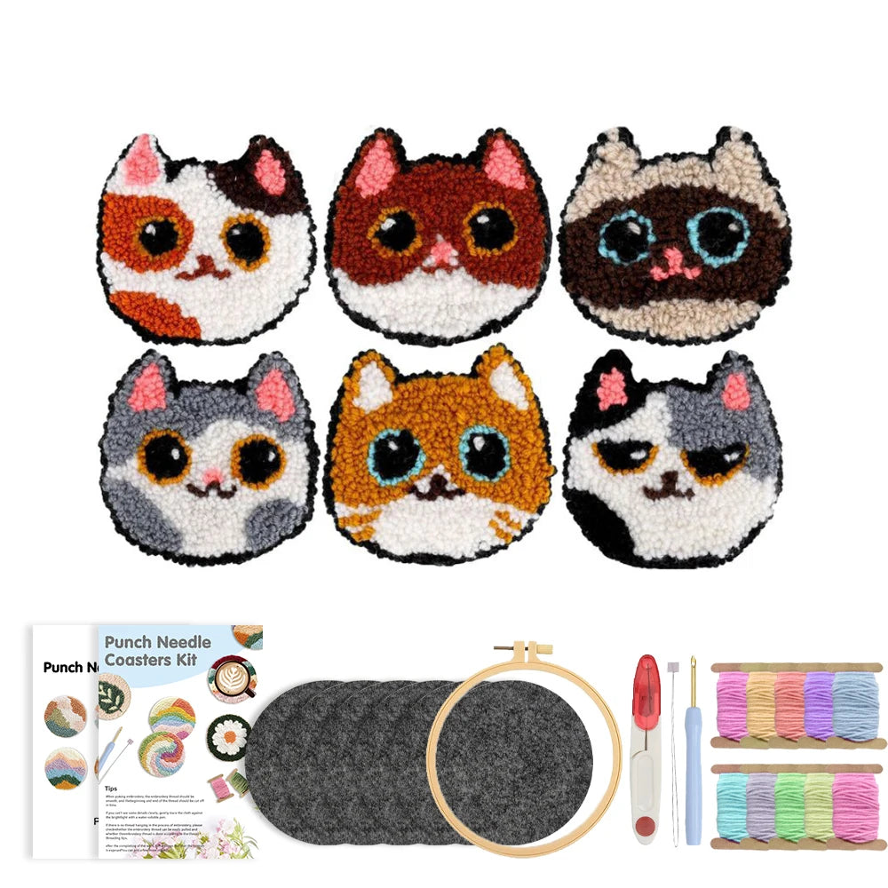 Cat Punch Needle Coaster Craft Kit for Beginners Handmade Animal Mug Rugs and Creative Gifts