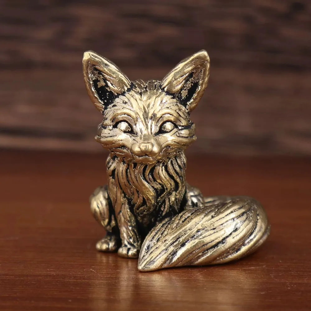 Mini Fox Desk Figurine, Brass-Tone Animal Sculpture in Sitting or Standing Style for Bookshelves, Office Desks and Thoughtful Gifts