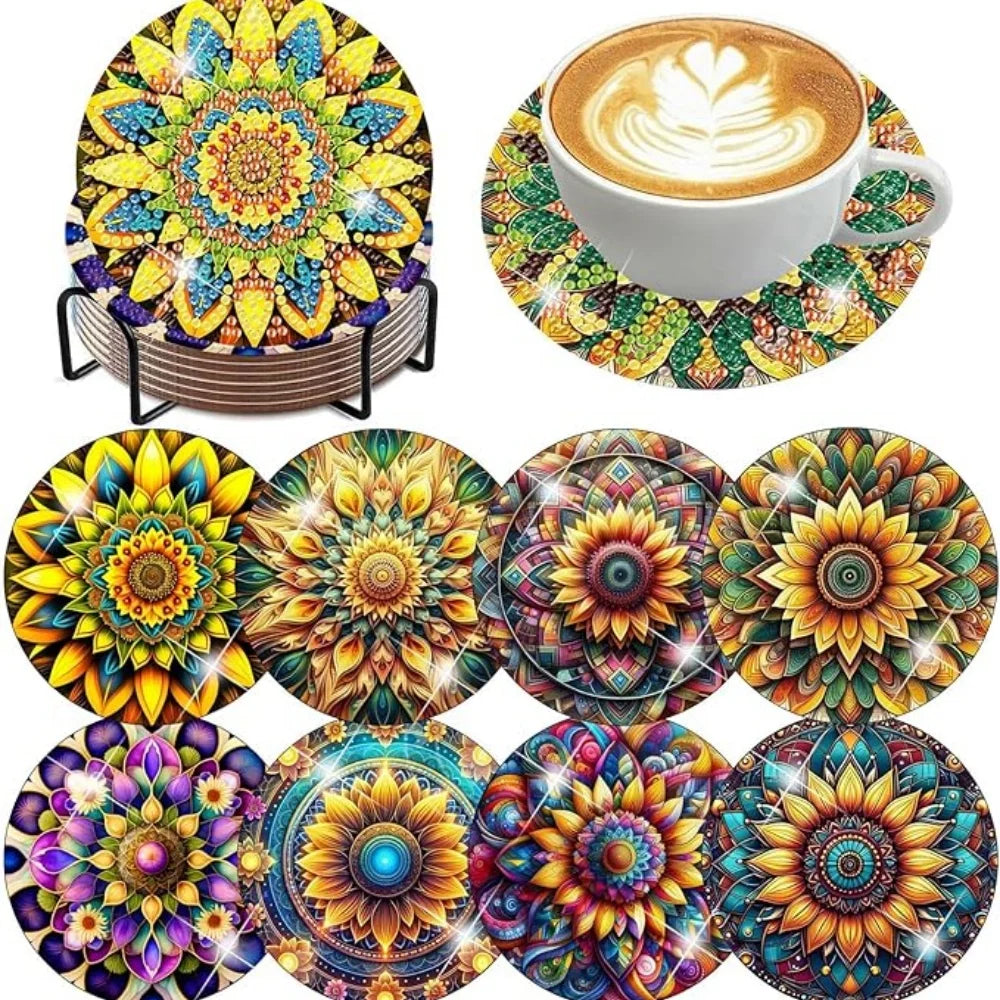 Floral Diamond Painting Coaster Set of 8 with Holder DIY Craft Kit for Creative Table Decor and Gifts