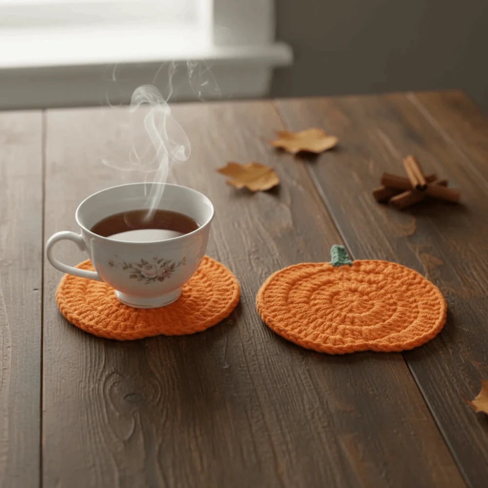 Crocheted Pumpkin Drink Coasters, Set of 6 Yarn Cup Mats in Autumn Colorways for Coffee Tables and Halloween Gatherings