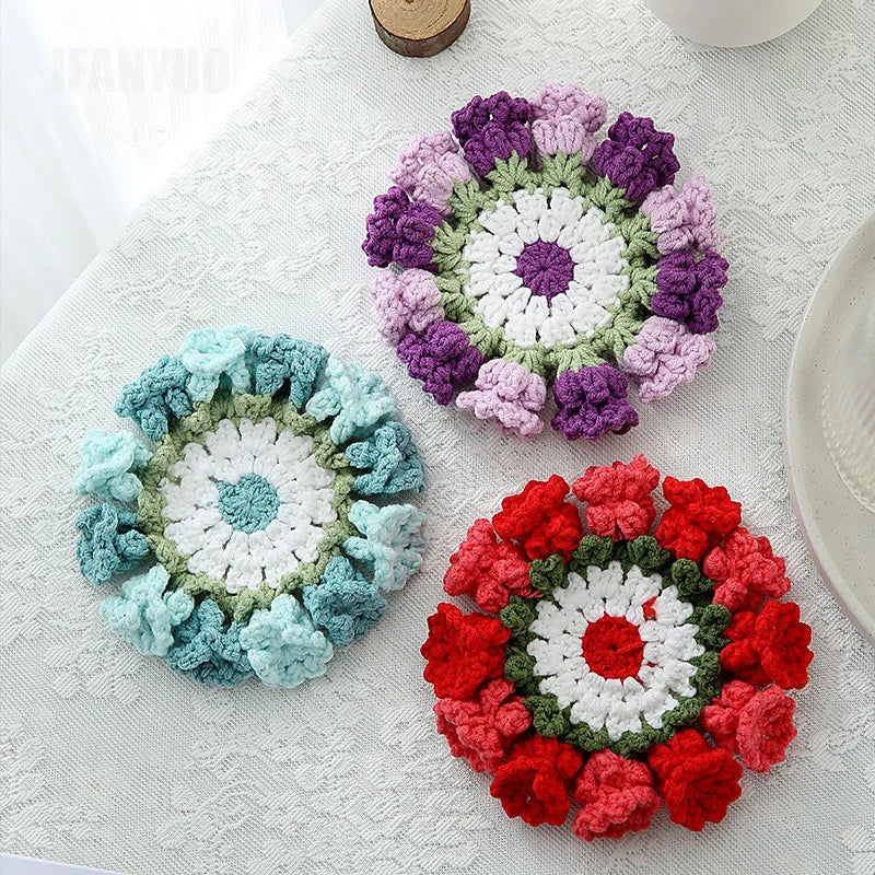 Crochet Rose Flower Drink Coasters for Coffee Tables Handmade Style Floral Kitchen Decor