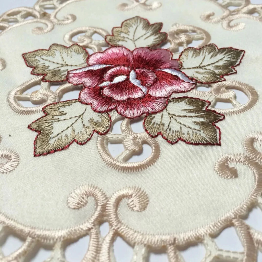 Floral Embroidered Satin Table Mats Set of 4, 20 cm Round Fabric Accents for Tea Tables, Dessert Plates and Cozy Dining