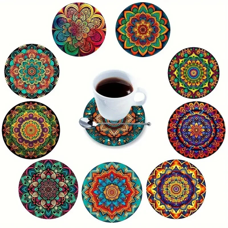 Iridescent Mandala Flower Wooden Drink Coaster Set of 10 for Boho Table Decor and Gifts