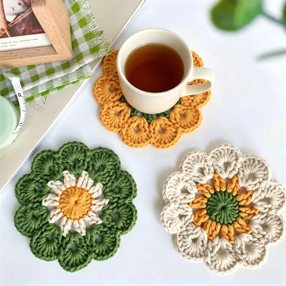 Crochet Flower Drink Coaster Set of 3 for Coffee Tables Soft Floral Kitchen Decor and Gifts
