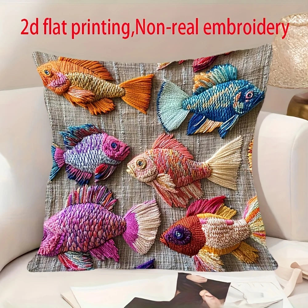 Botanical Stitch-Effect Printed Pillow Cover