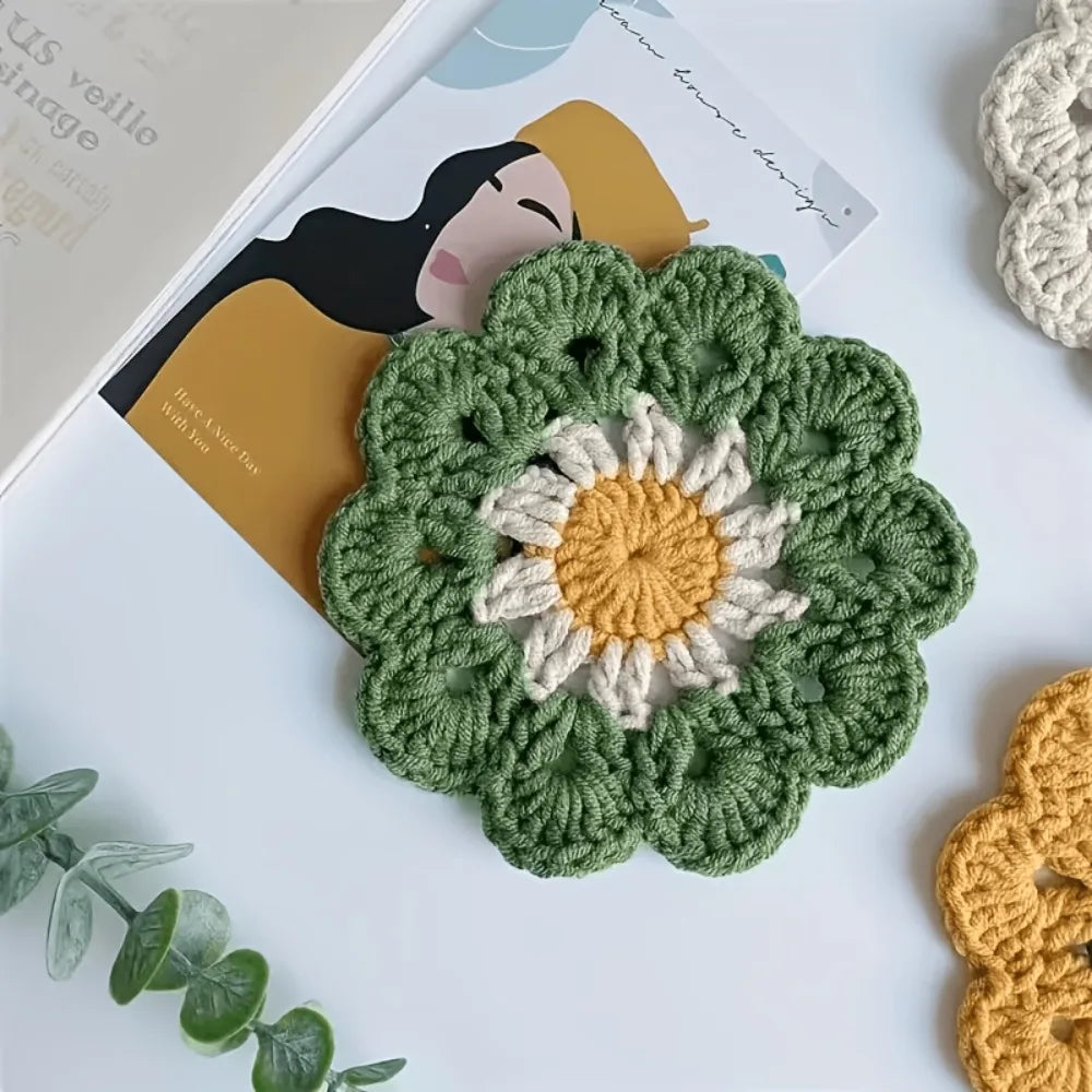 Boho Floral Crochet Style Coaster Set of 3 for Coffee Tables Kitchen Decor and Housewarming Gifts