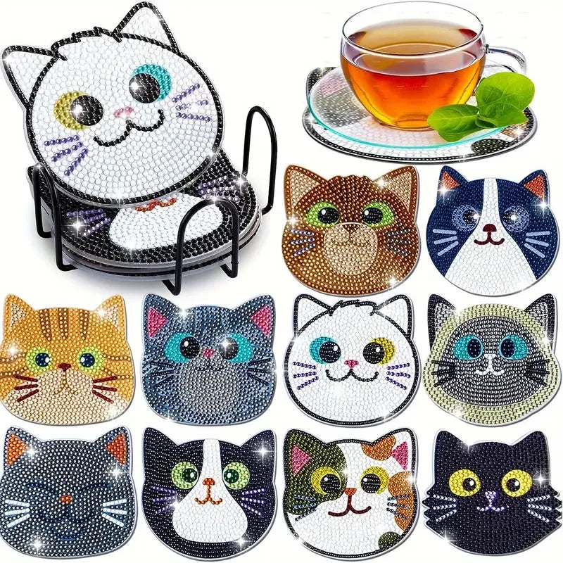Cute Cat DIY Diamond Painting Coaster Kit Set of 10 | Colorful Round Mosaic Cup Mats for Craft Lovers