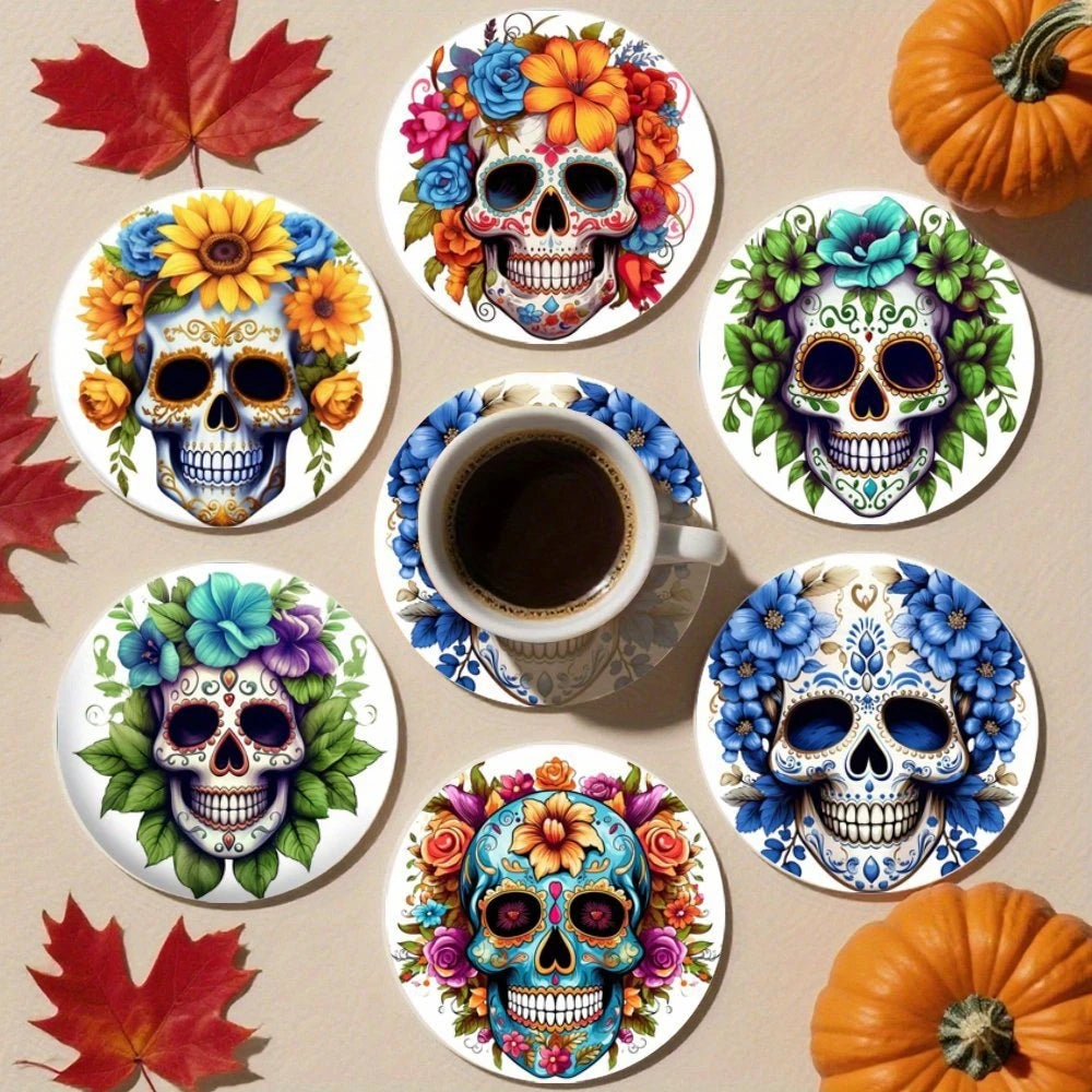 Floral Skull Wooden Drink Coasters, Set of 6 Printed 10 cm Cup Mats for Halloween Tables, Coffee Corners and Themed Gatherings