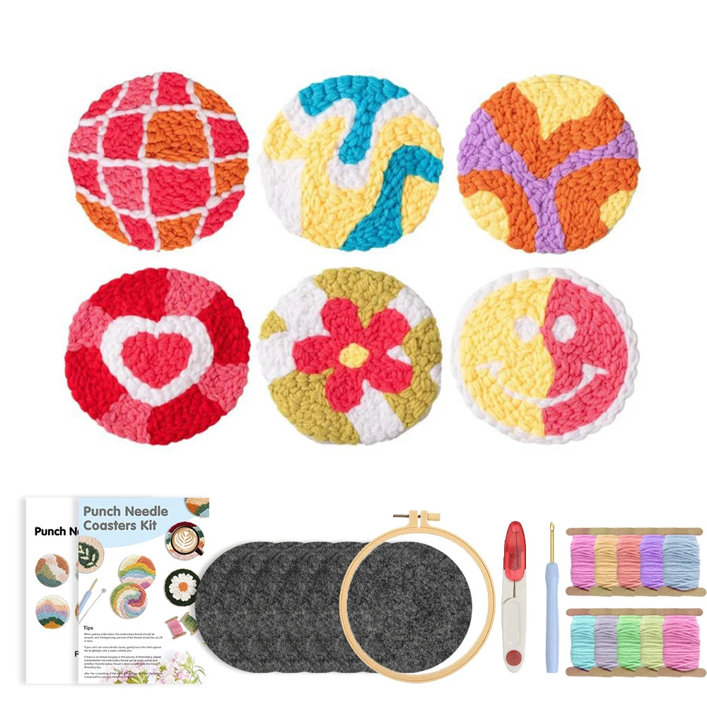 Flower Pattern Punch Needle Coaster Craft Kit for Beginners Tufted Mug Rugs and Creative Gifts