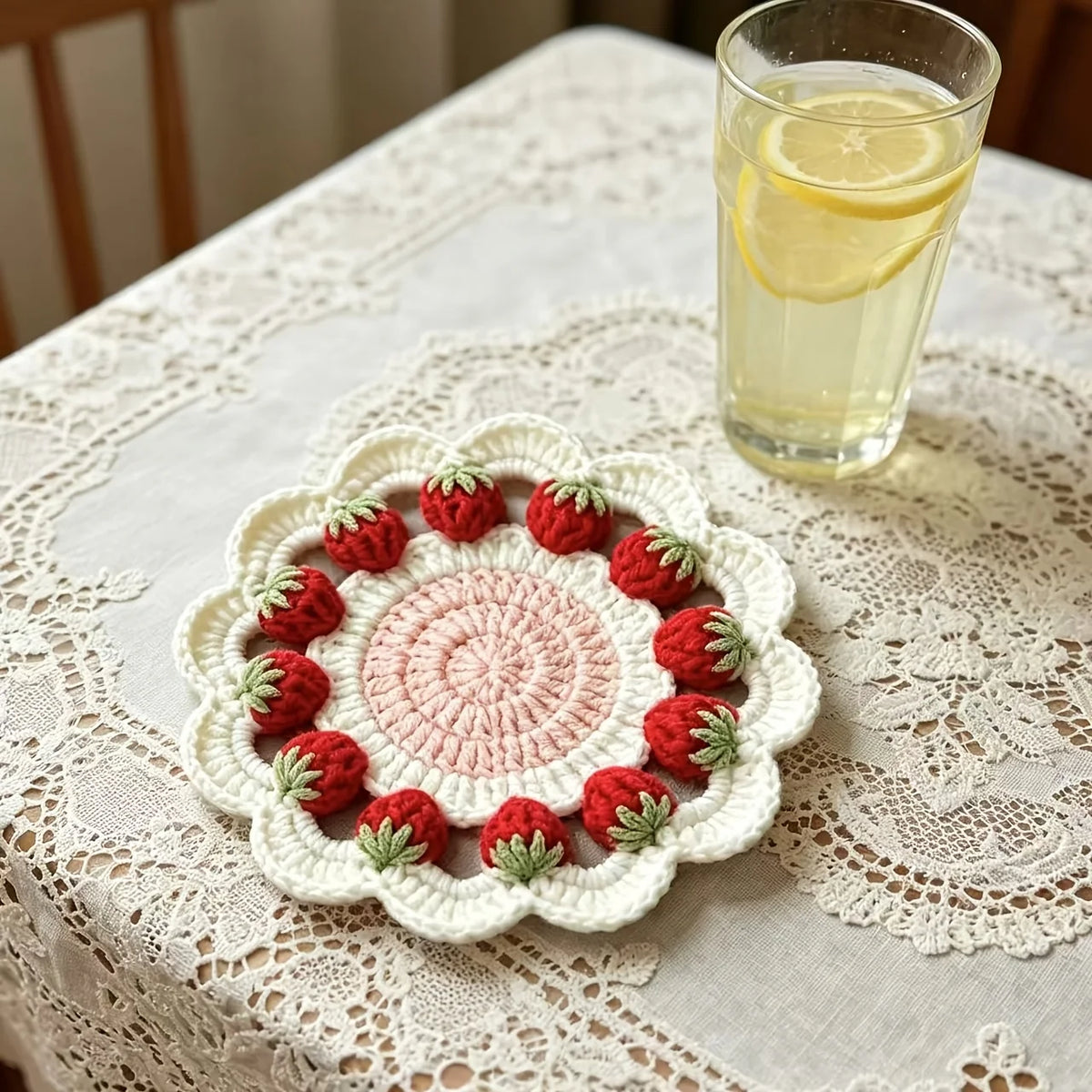 Pink Crochet Flower Drink Coaster for Coffee Tables Handmade Style Floral Kitchen Decor