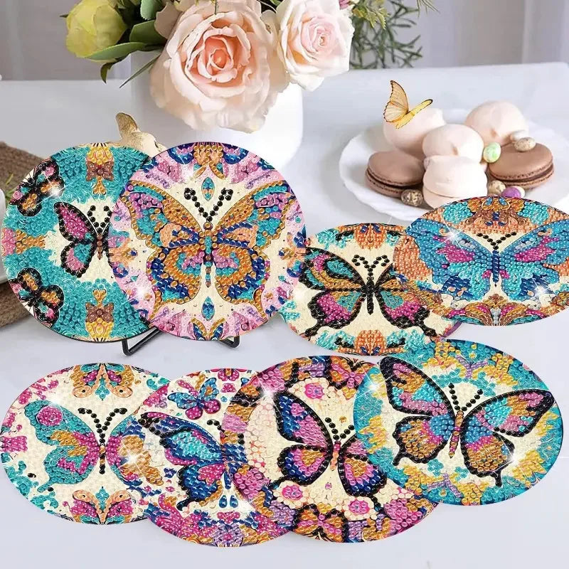 Butterfly Diamond Painting Coaster DIY Kit of 8 with Holder, 9.7 cm Sparkling Craft Drink Mats for Adults and Creative Gifts