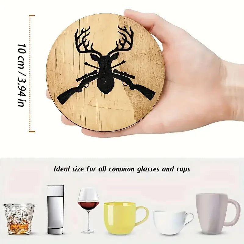 Deer Pattern Wooden Coaster Set of 6, Round Drink Cup Mats for Cozy Coffee Tables, Winter Hosting and Everyday Dining