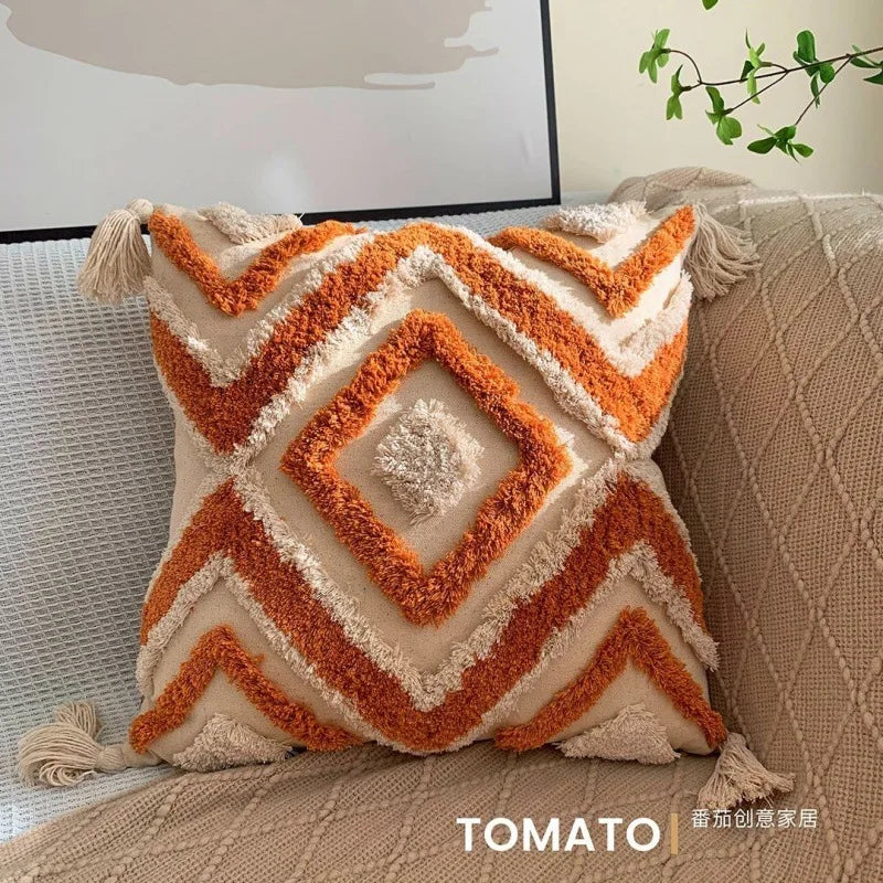Woven Geometry Embroidered Pillow Cover – Boho Accent